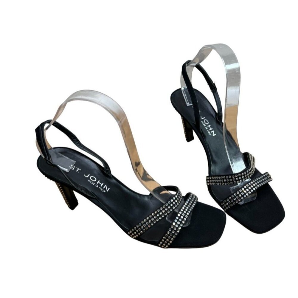 St John Slingback Open Toe Rhinestone Heels Womens Size 9.5 Caviar Black Satin